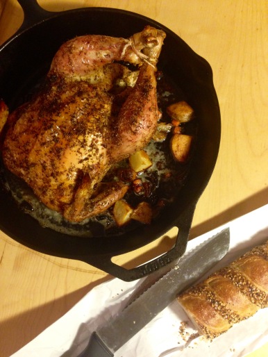 Brined roasted chicken in a cast iron skillet recipe by Melissa Clark